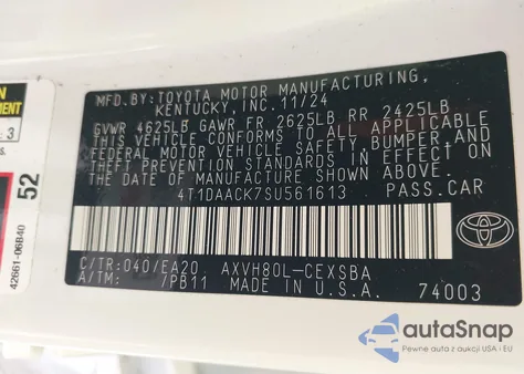 2025 Toyota Camry Se из США, поврежденный, VIN 4T1DAACK7SU561613